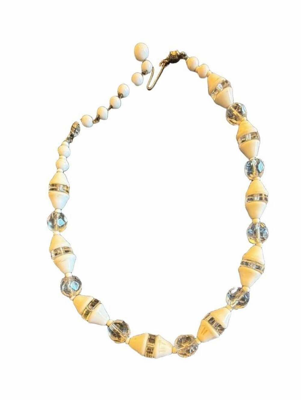 Vintage White Milk Glass And Clear Faceted Bead Necklace